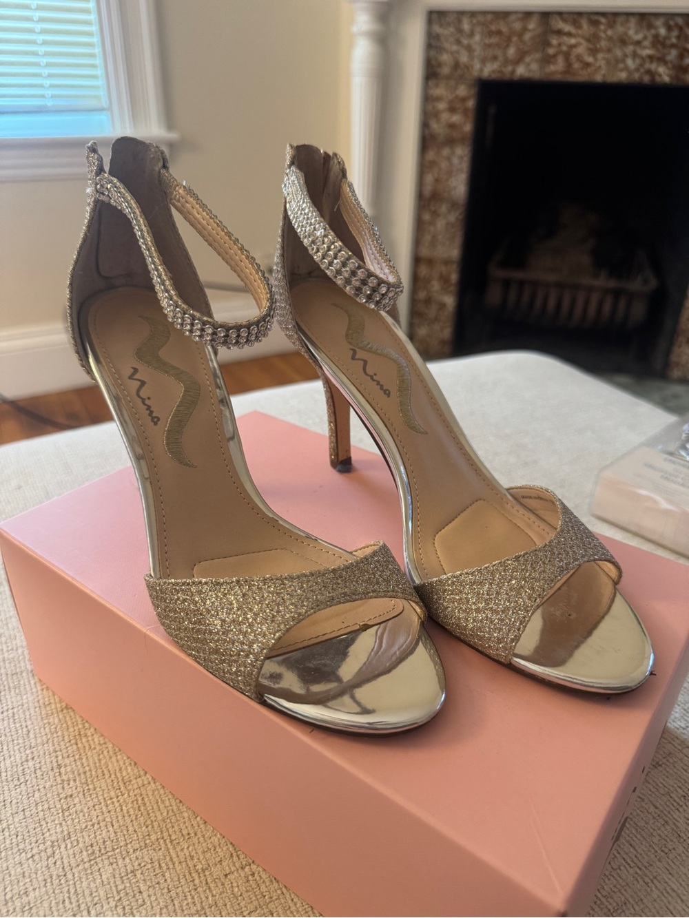Nina Metallic Gold Glitter Crystal Ankle-Strap Heels